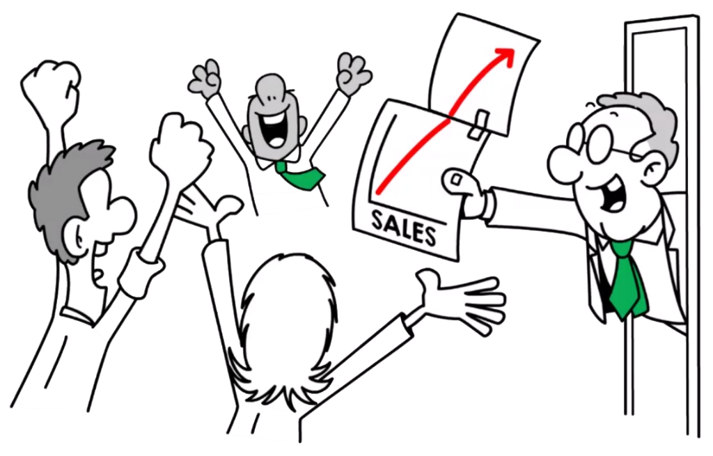 A cartoon of happy maketers who followed the steps to international B2B lead generation