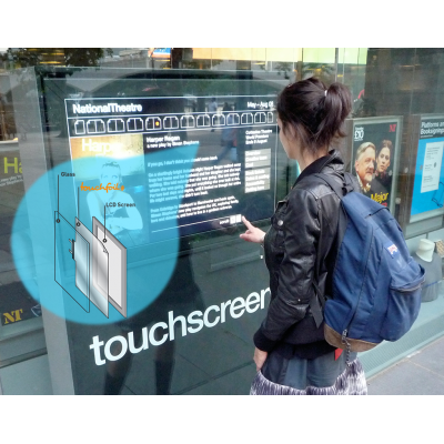 A custom size touch screen overlay in use in a window.