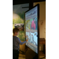 A boy using a touch screen glass totem