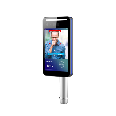 Body temperature measurement kiosk with facial recognition pole-mounted front view.