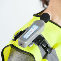 The personal noise dosimeter fits comfortably on a worker’s shoulder and records noise levels for over 30 hours.