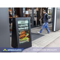 Outdoor digital A-frame signage in use outside a restaurant.