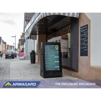 Portable outdoor digital signage in use outside a cafe.