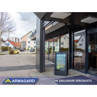 Battery-powered digital signage in use outside a restaurant.