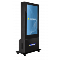 Freestanding digital poster right-facing side view.