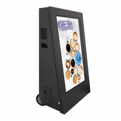 Mobile digital signage displays right-facing side view.