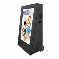 Mobile digital signage displays left-facing side view.