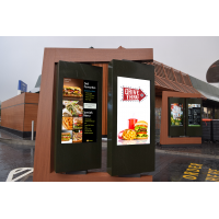 Drive thru kiosk manufacturer menu boards in use at a fast food restaurant.