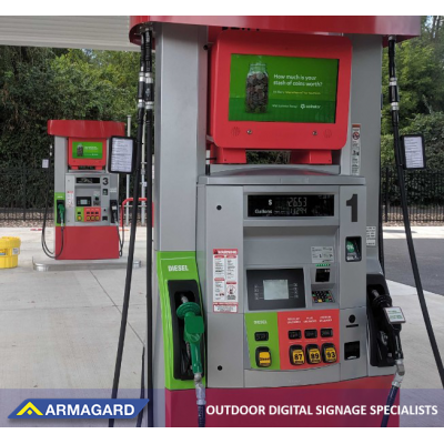 Armagard's Digital pump topper in use on a petrol station forecourt. See it at integrated systems europe 2020.