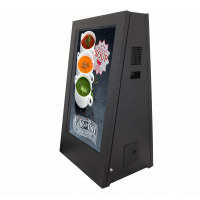Segnaletica digitale esterna alimentata a batteria vista laterale rivolta a sinistra.
